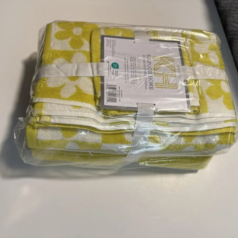 Kapoor Home 6-Piece Bath Towel Set Yellow & White Daisy & Solid Cotton Quick Dry